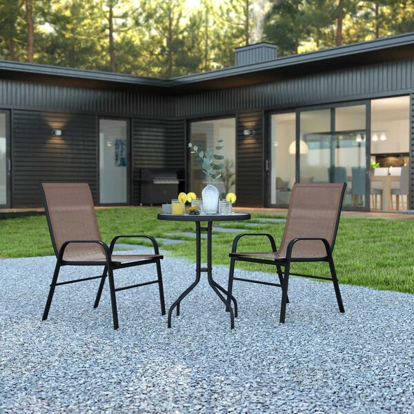 Flash Furniture 3PC Patio Set-23.75RD Glass Table, 2 Brown Chairs TLH-0701303C-BN-GG - main